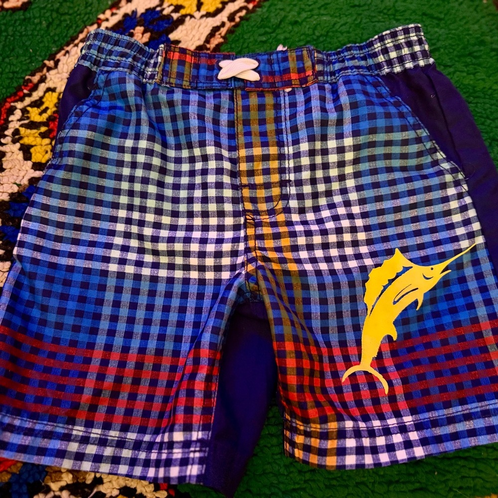 Tommy Bahama Colorful Plaid Swim Shorts with Marlin Design